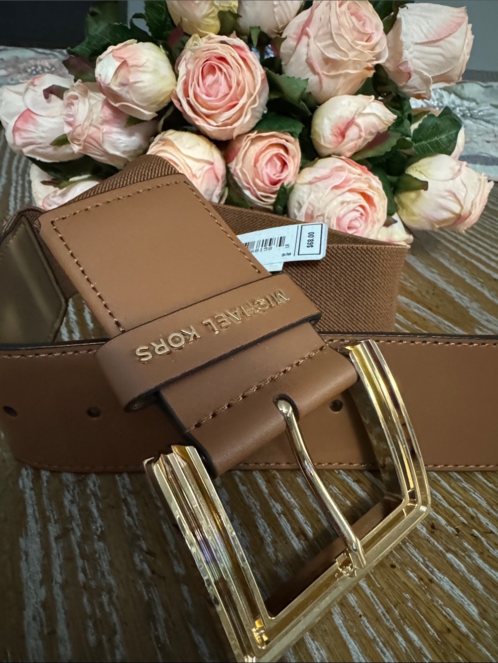 Michael Kors Men's Tan Leather Expandable Belt with Gold Buckle